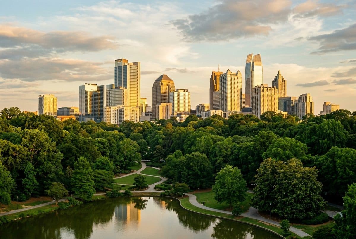 The Atlanta midtown skyline rising above the tree canopy at golden hour