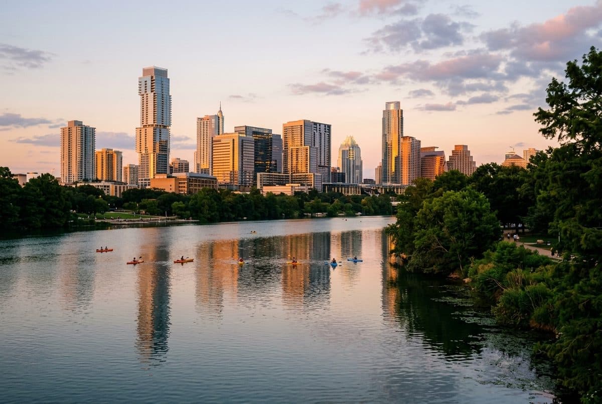 The Austin skyline at sunset across Lady Bird Lake