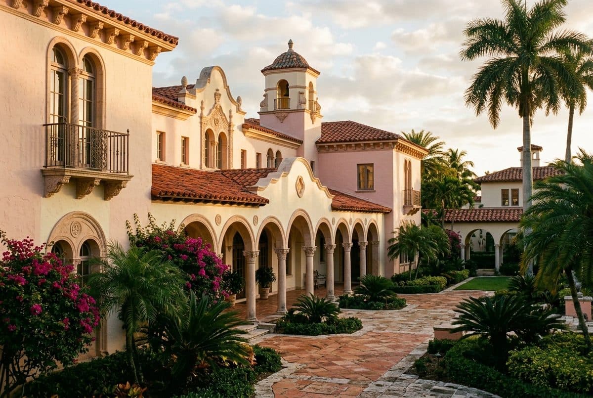 Mediterranean revival architecture with barrel tile roofs in Boca Raton