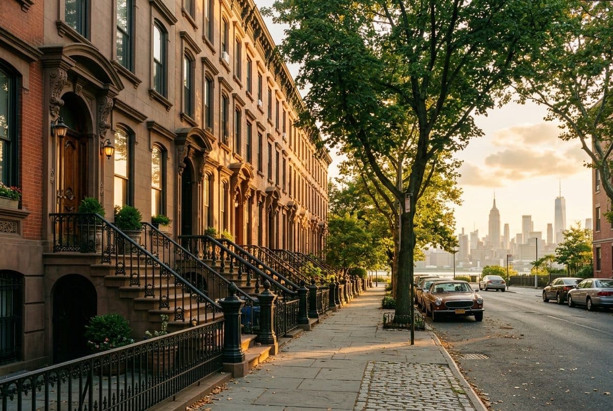 A tree-lined Brooklyn brownstone street in warm afternoon light