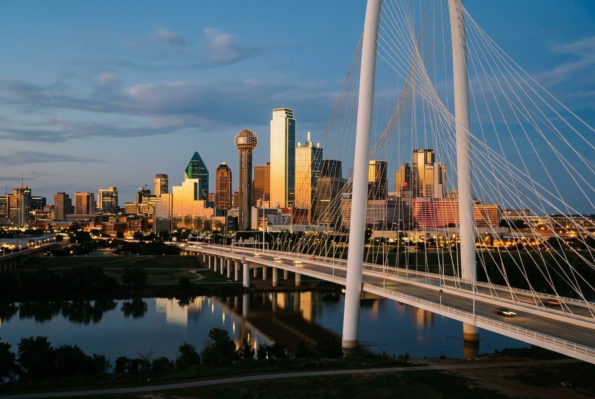 The Dallas skyline at dusk behind a white cable-stayed bridge