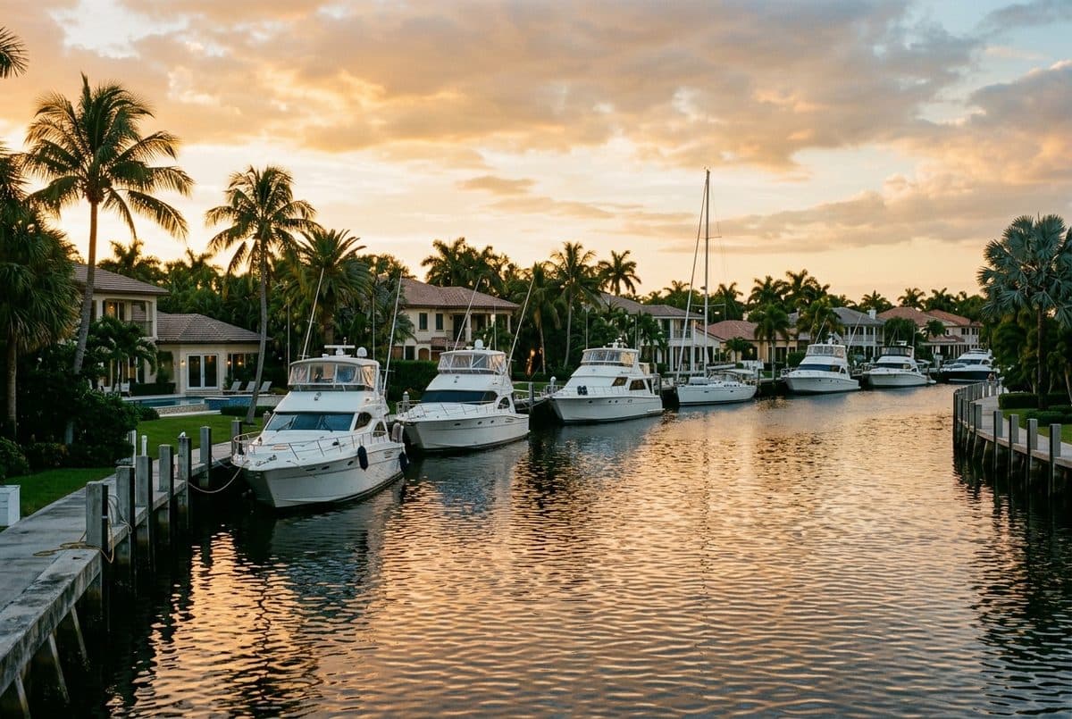 Yachts moored along a Fort Lauderdale intracoastal canal at golden hour
