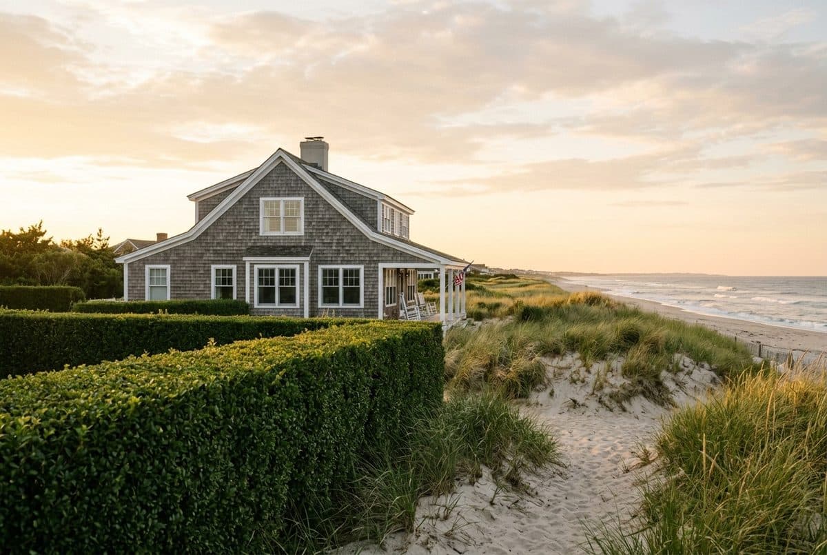 A cedar shingled Hamptons beach house behind trimmed privet hedges