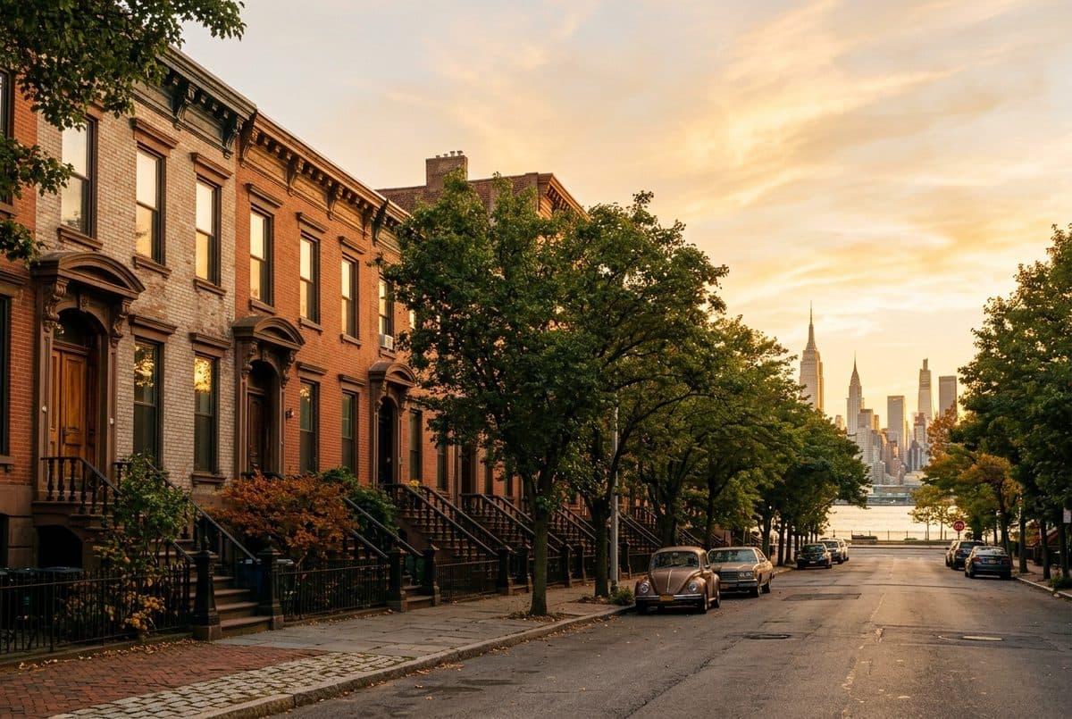 A Hoboken rowhouse street with the Manhattan skyline beyond