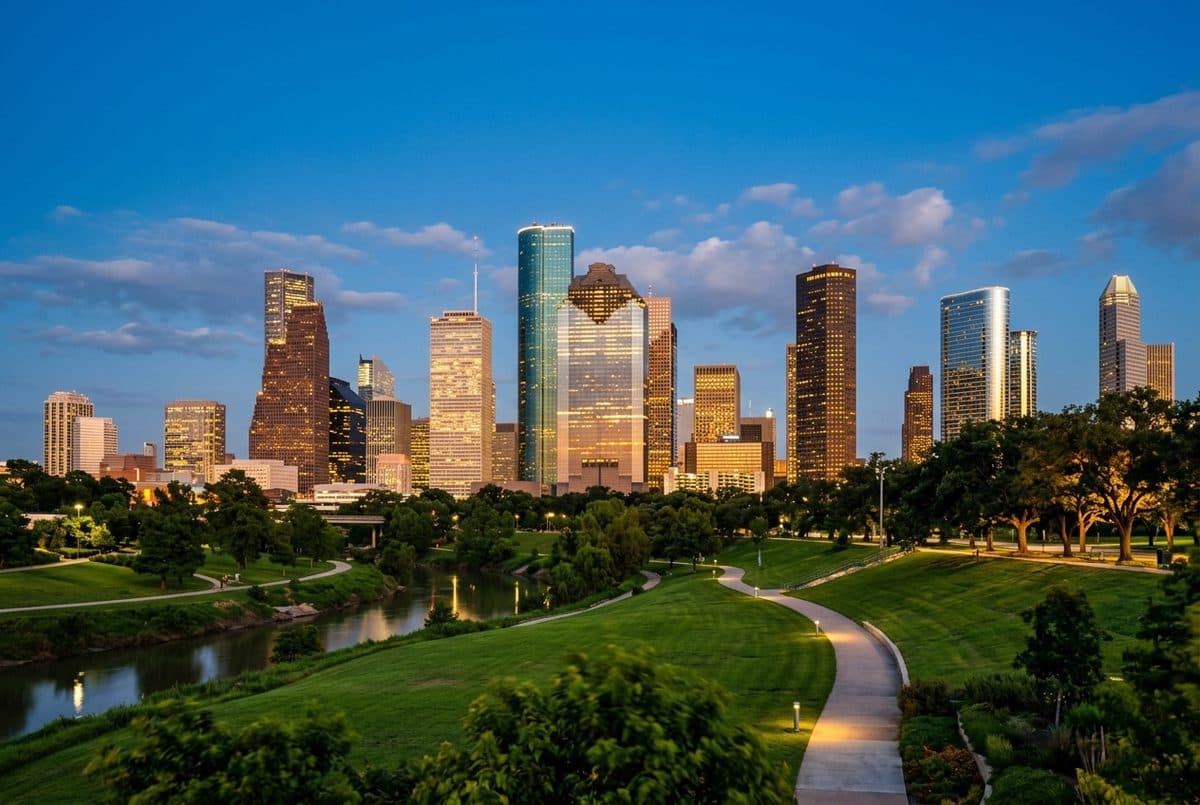 The Houston downtown skyline lit warm at dusk