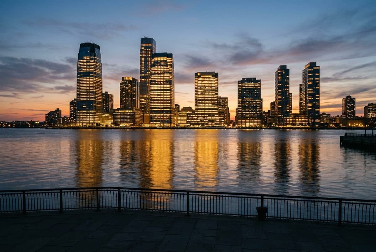 The Jersey City waterfront skyline at dusk across the Hudson