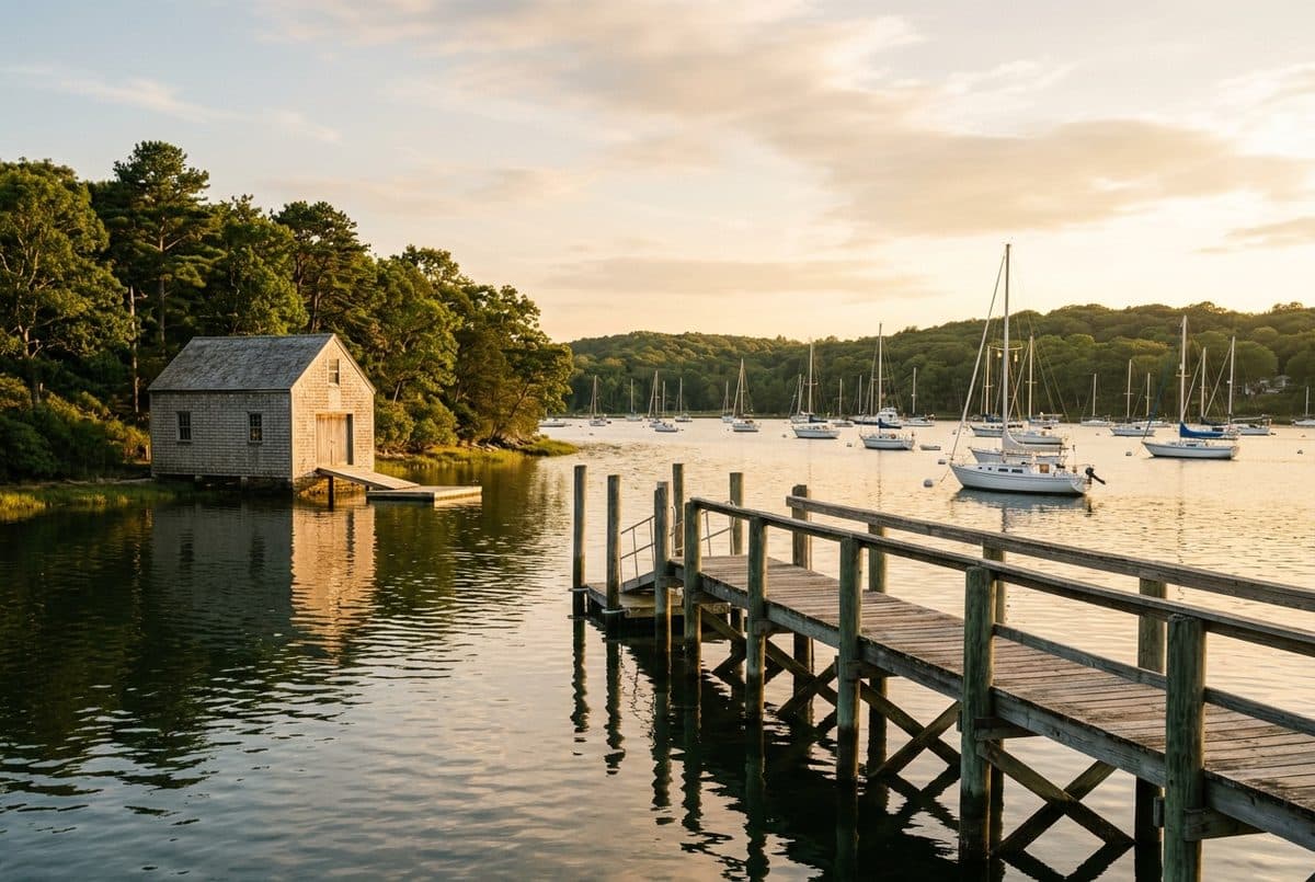 Sailboats at anchor in a North Shore Long Island harbor
