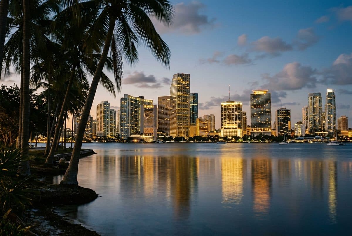The Brickell and downtown Miami skyline at dusk across Biscayne Bay