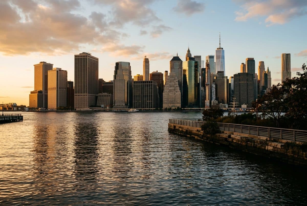 The Manhattan skyline at golden hour seen across the East River