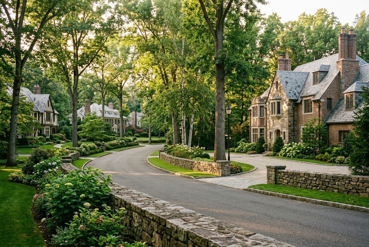 Large homes among mature trees in Short Hills, New Jersey