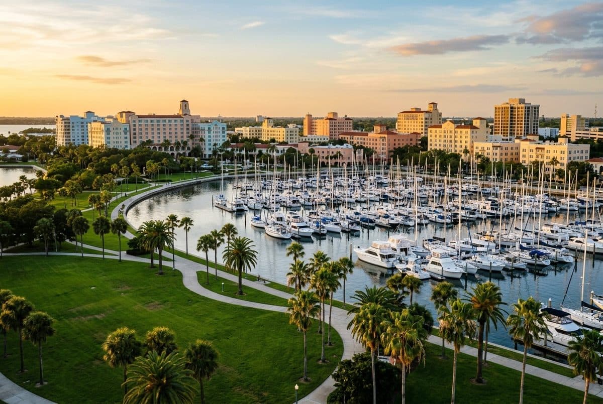 The St. Petersburg waterfront marina and pastel downtown at golden hour