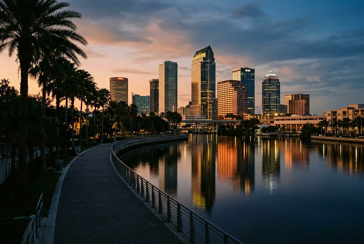 The Tampa skyline from the Riverwalk on the Hillsborough River at dusk