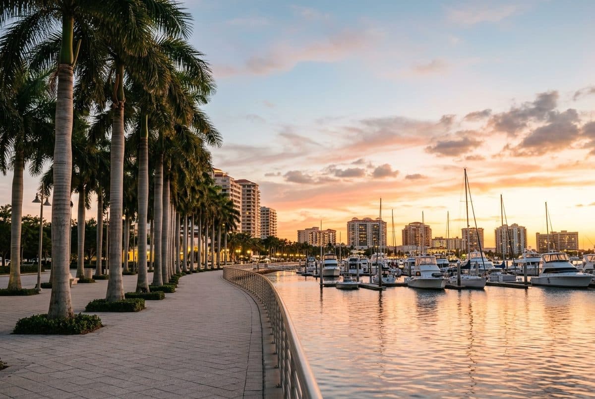Royal palms along the West Palm Beach waterfront at sunset