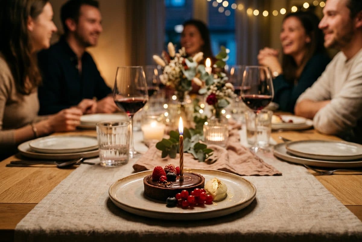 A festive birthday dinner table with a plated dessert and a lit candle