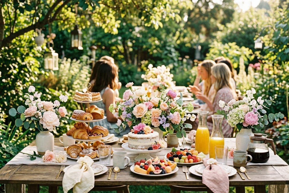 A garden brunch table set for a bridal shower with pastries and flowers