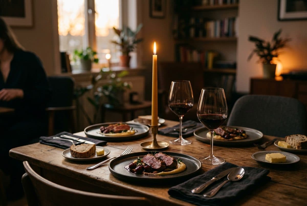 An intimate table for two at home with two plated courses and a candle