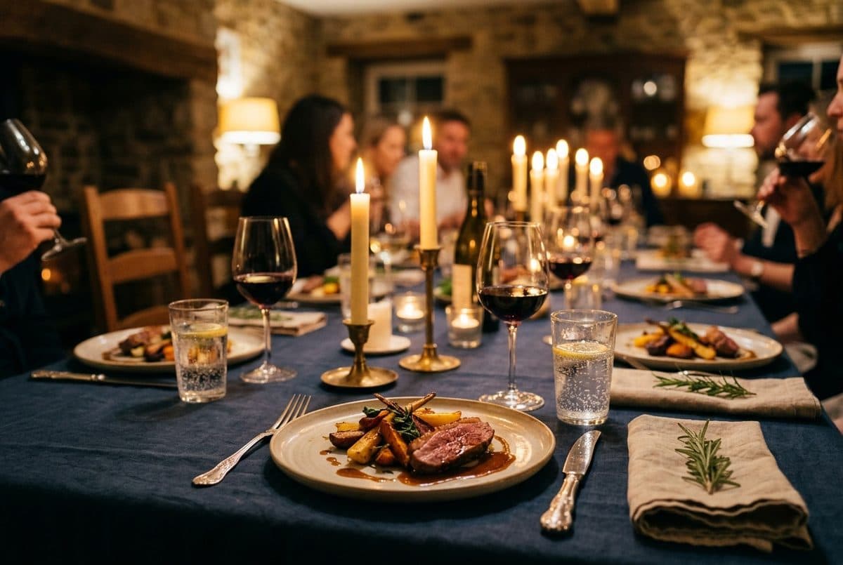 A candlelit dinner party table set at home with plated courses