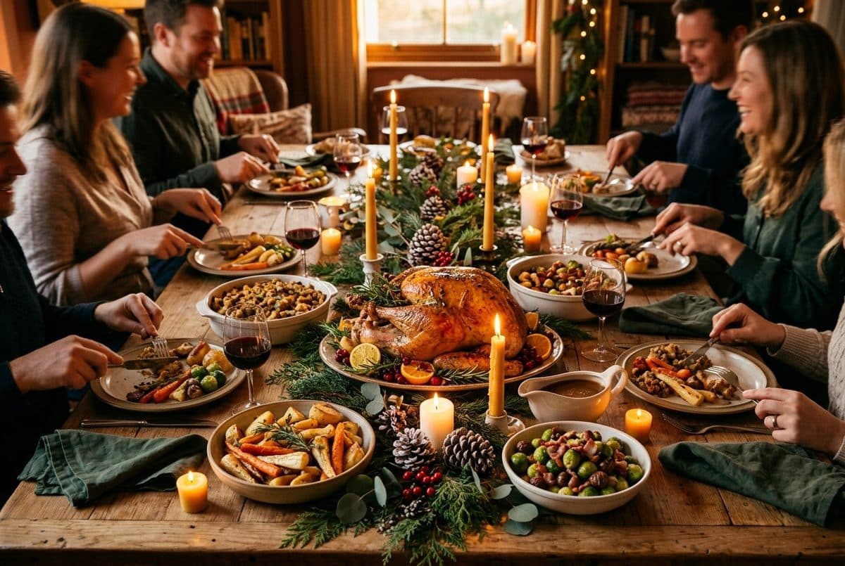 A holiday dinner table with a roasted centerpiece and candles