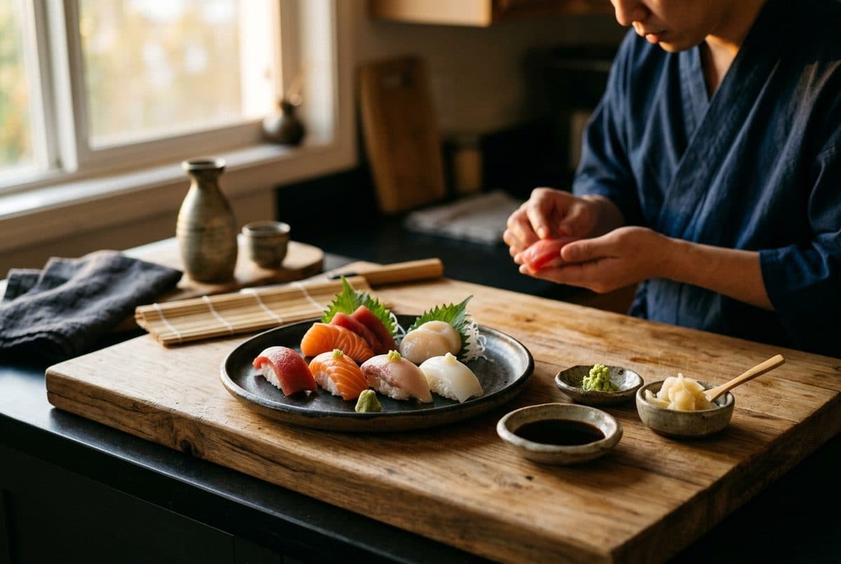 A wooden board of nigiri and sashimi at a home sushi counter