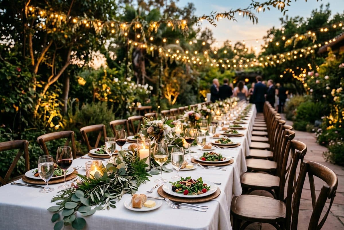 A long rehearsal dinner table set outdoors under warm string lights
