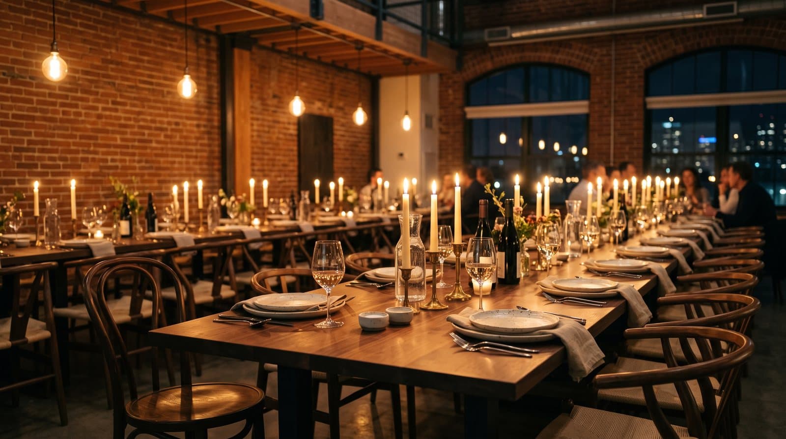 A long candlelit table set for a founder dinner in a warm loft space