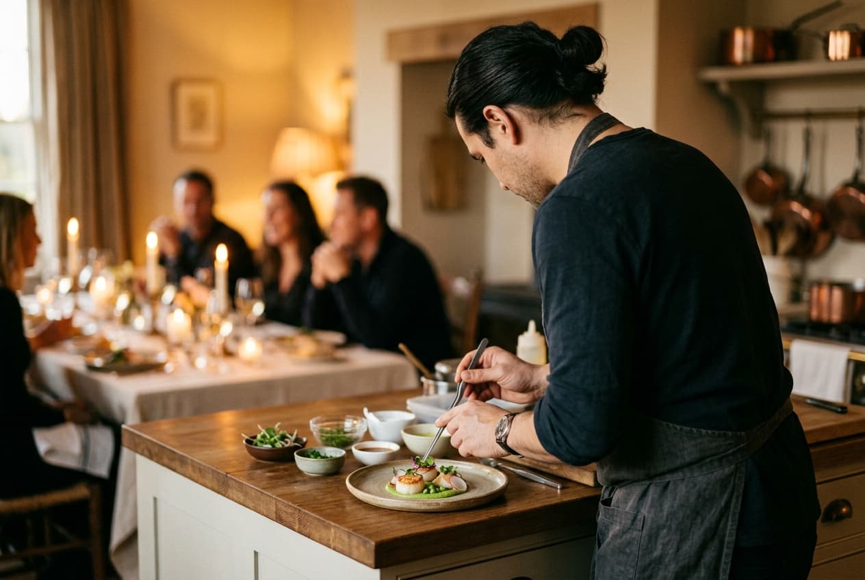 A private chef plating a course while guests talk at a candlelit table