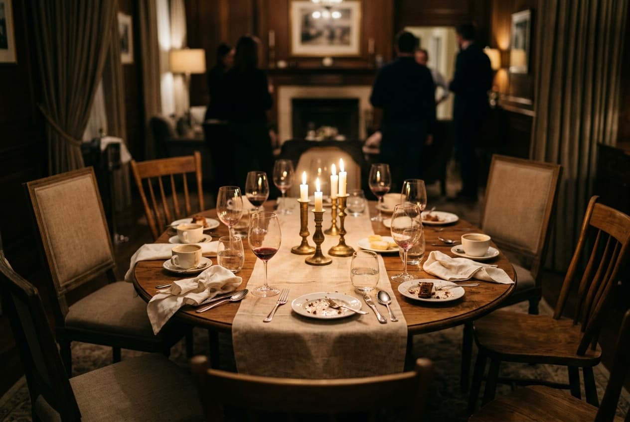 A round table after a private dinner, guests standing and talking