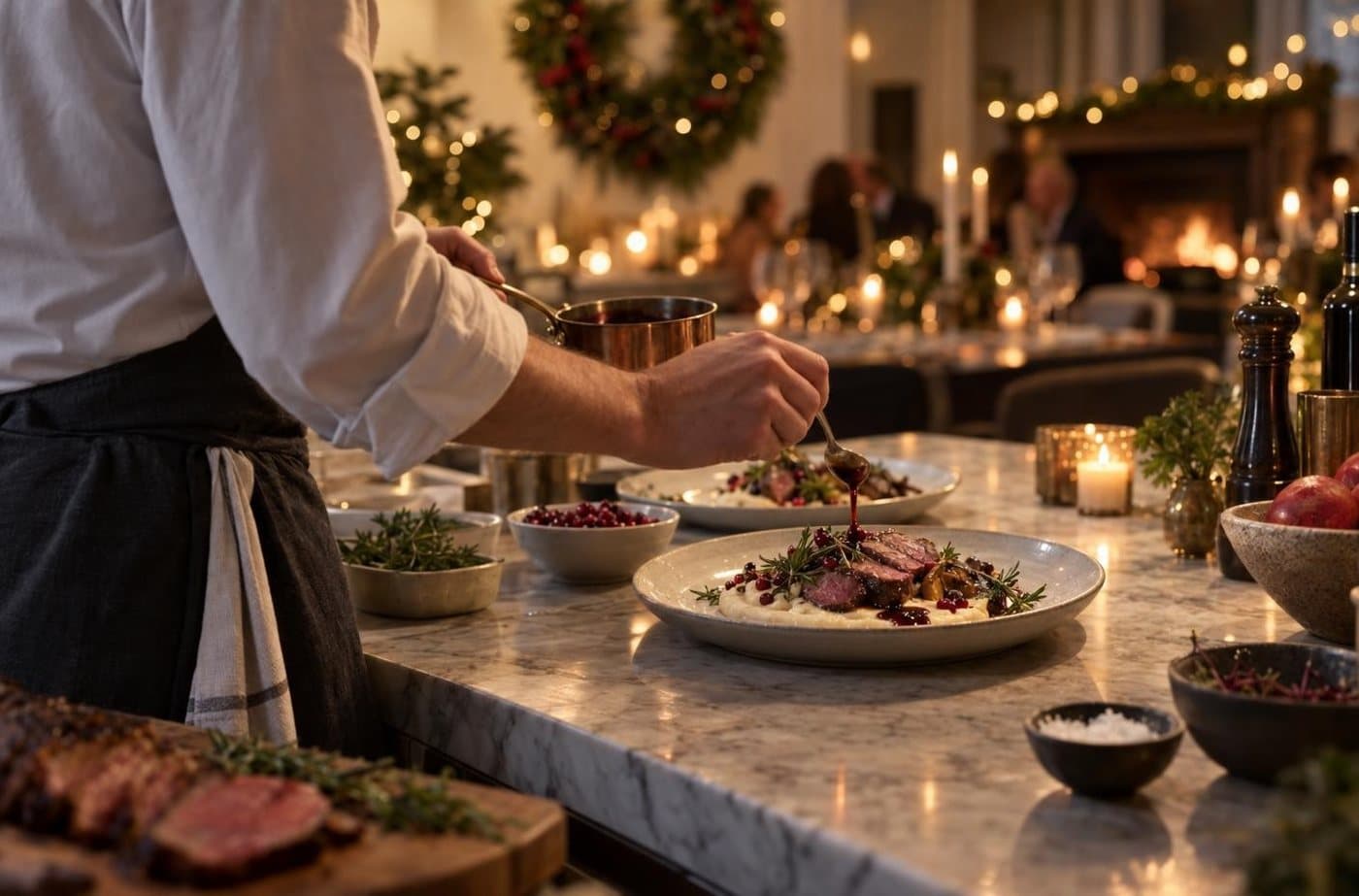 A private chef plating a festive course with rosemary and pomegranate at a home kitchen counter