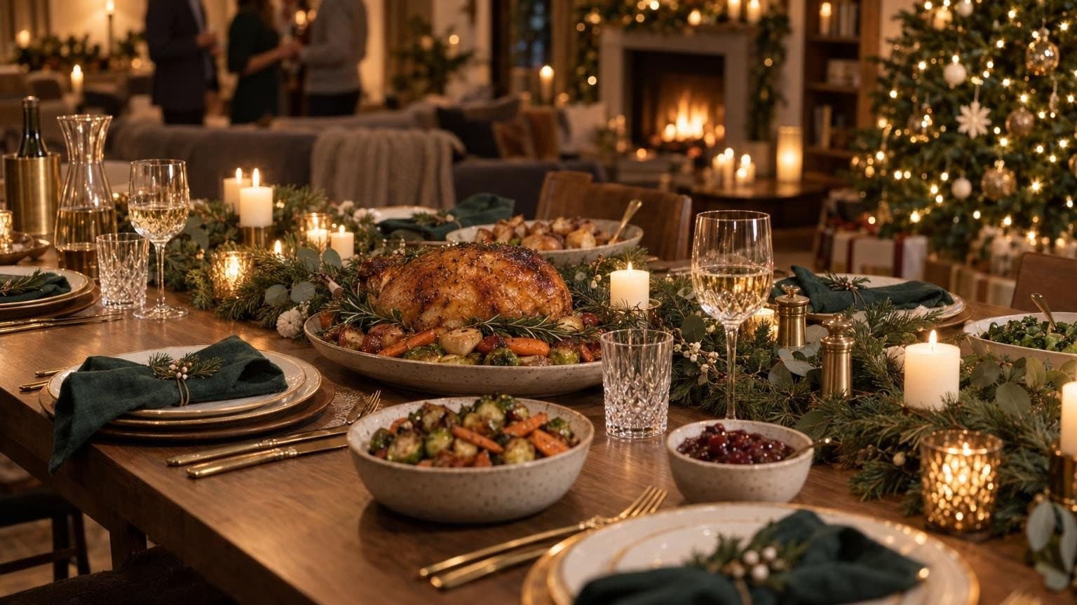 A Christmas dinner table at home with pine garland, low candles and a glazed roast, a lit tree in the background