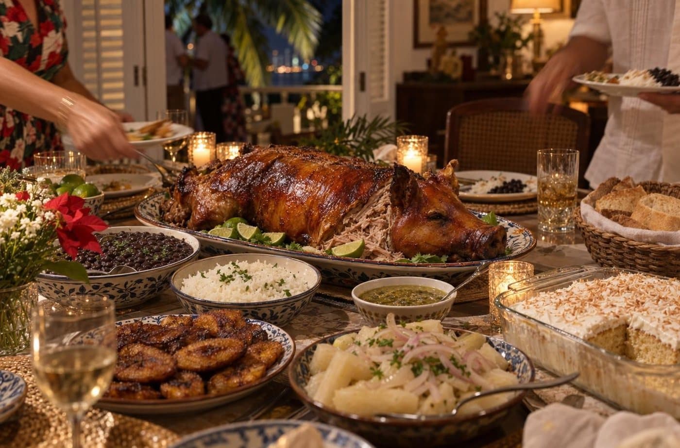 A Nochebuena table in a Miami home with a whole roasted pork, rice and beans, yuca and plantains