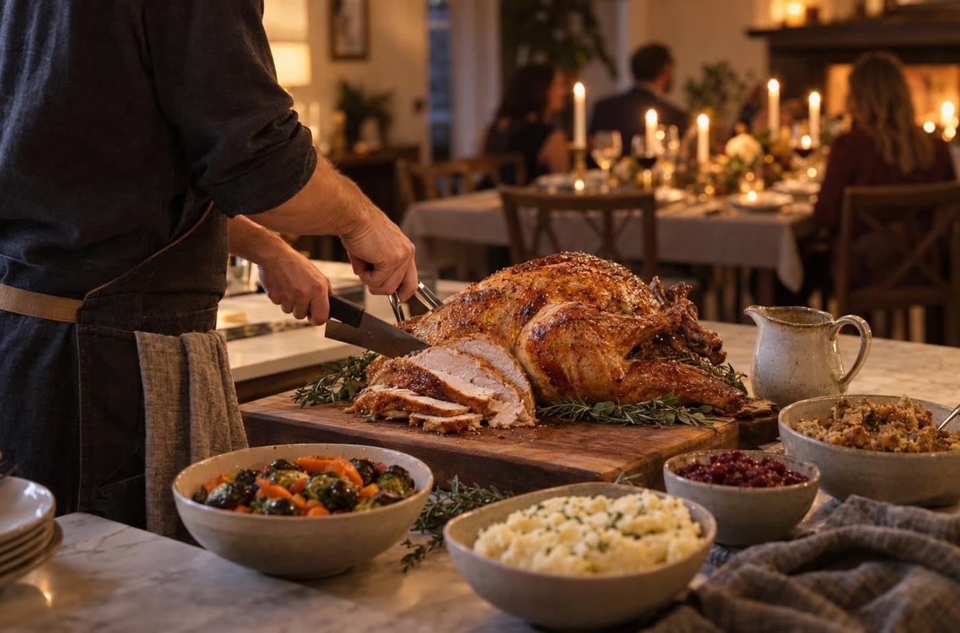 A private chef carving a roasted turkey on a wooden board at a home kitchen island