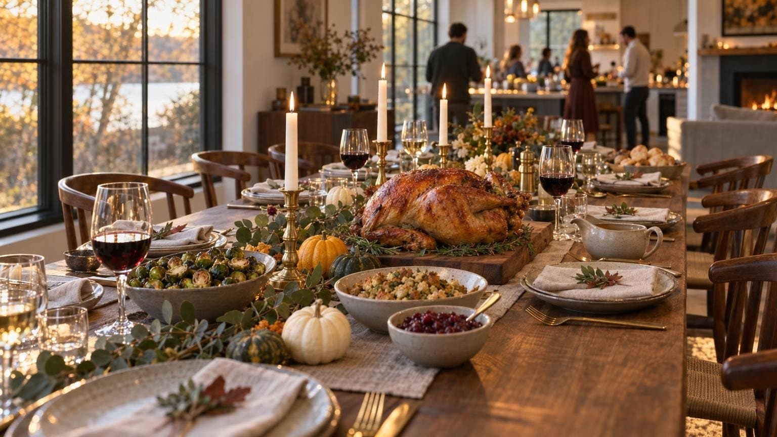 A long Thanksgiving table set at home with a roasted turkey, sides and small pumpkins in afternoon light