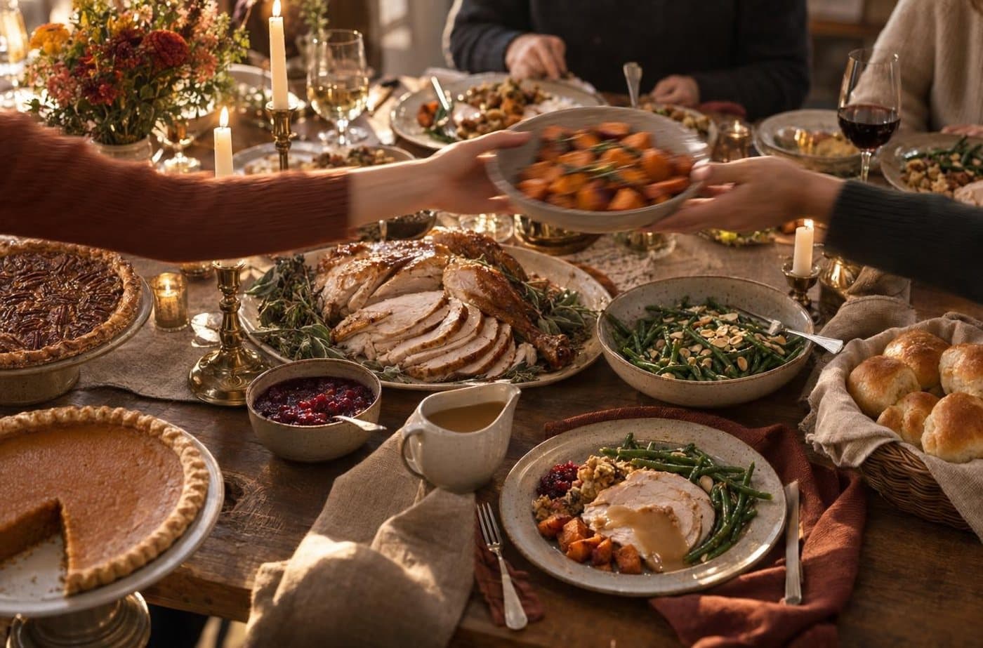An overhead view of a Thanksgiving table mid meal with sliced turkey, sides and pies