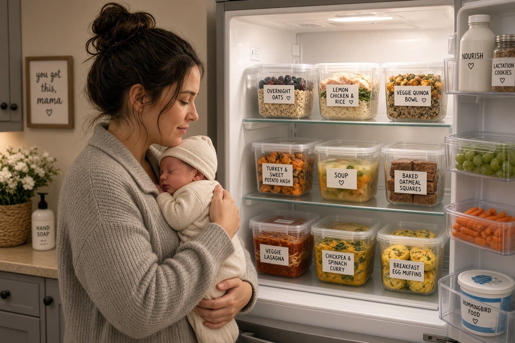 A new mother holding her newborn beside a refrigerator stocked with labeled postpartum meals prepared by a Chefpost chef
