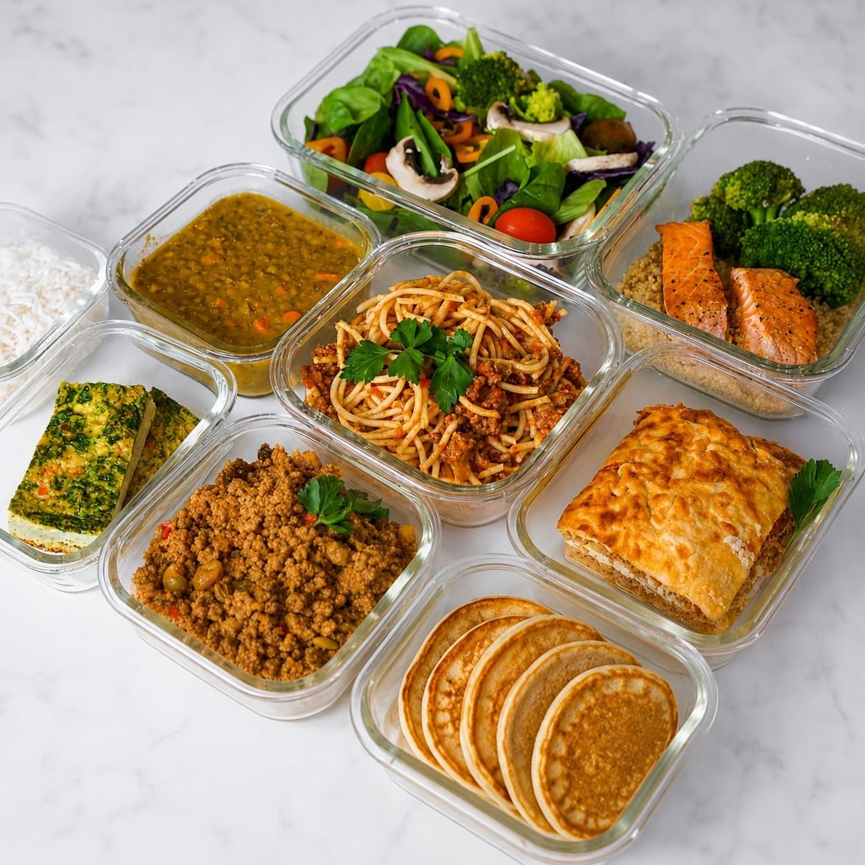 Portioned breakfast containers, pancakes and egg dishes prepared for a new mother