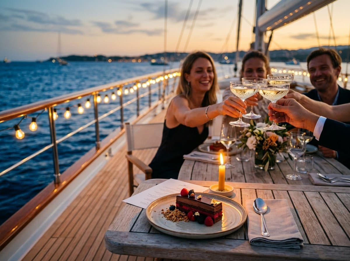 Guests toasting at a candlelit celebration dinner on deck