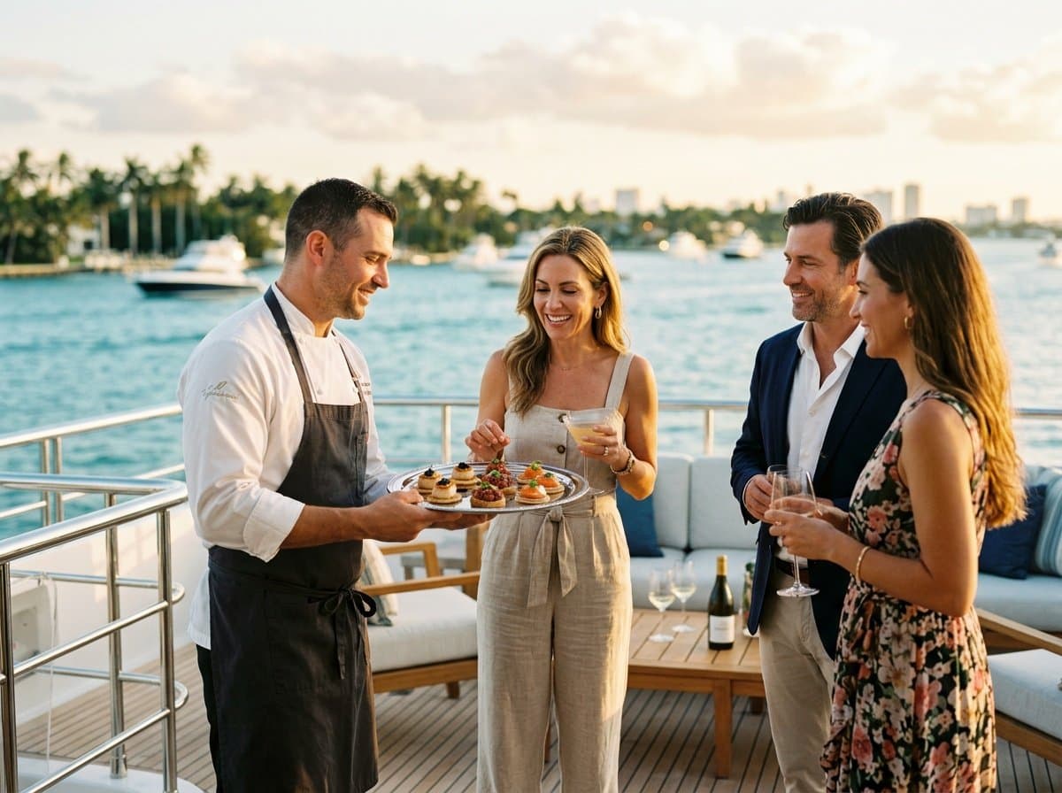 A chef serving passed bites to guests at a yacht cocktail party