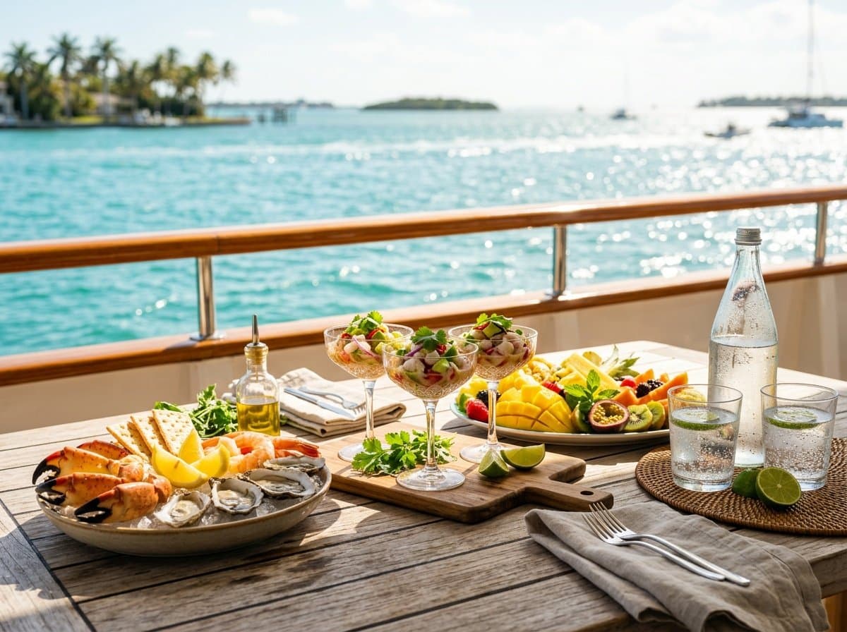 A bright boat-day spread with seafood, ceviche, and tropical fruit