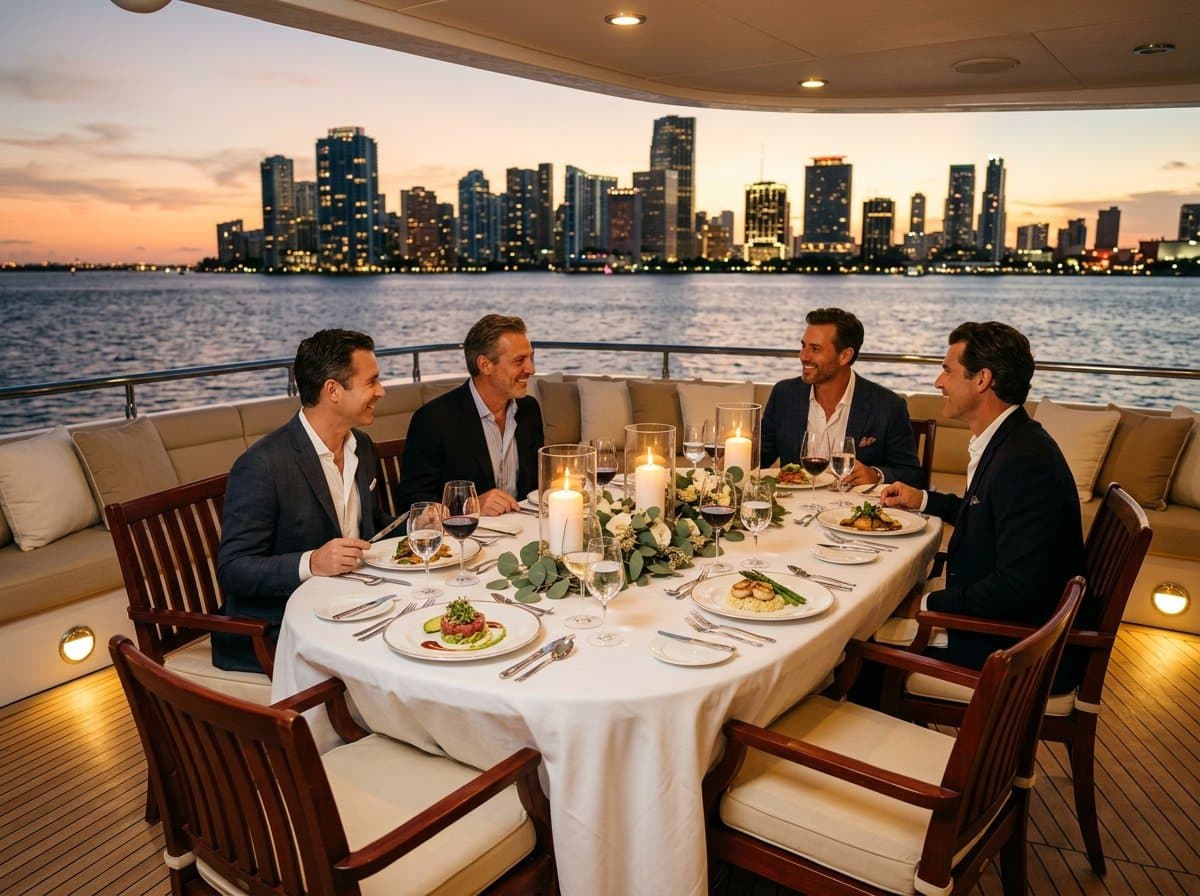 A formal multi-course dinner on a yacht with the Miami skyline behind