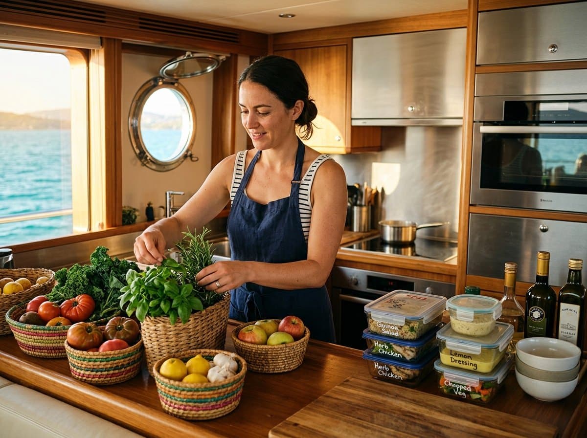 A chef organizing fresh produce and prepared meals in a yacht galley