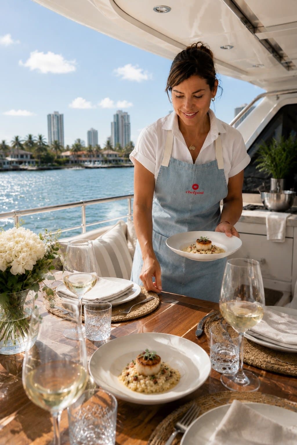 A Chefpost yacht chef serving a plated course onboard in Miami