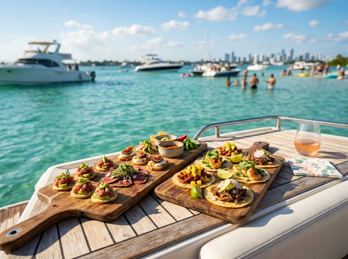 Appetizer boards served on a boat at a Miami sandbar
