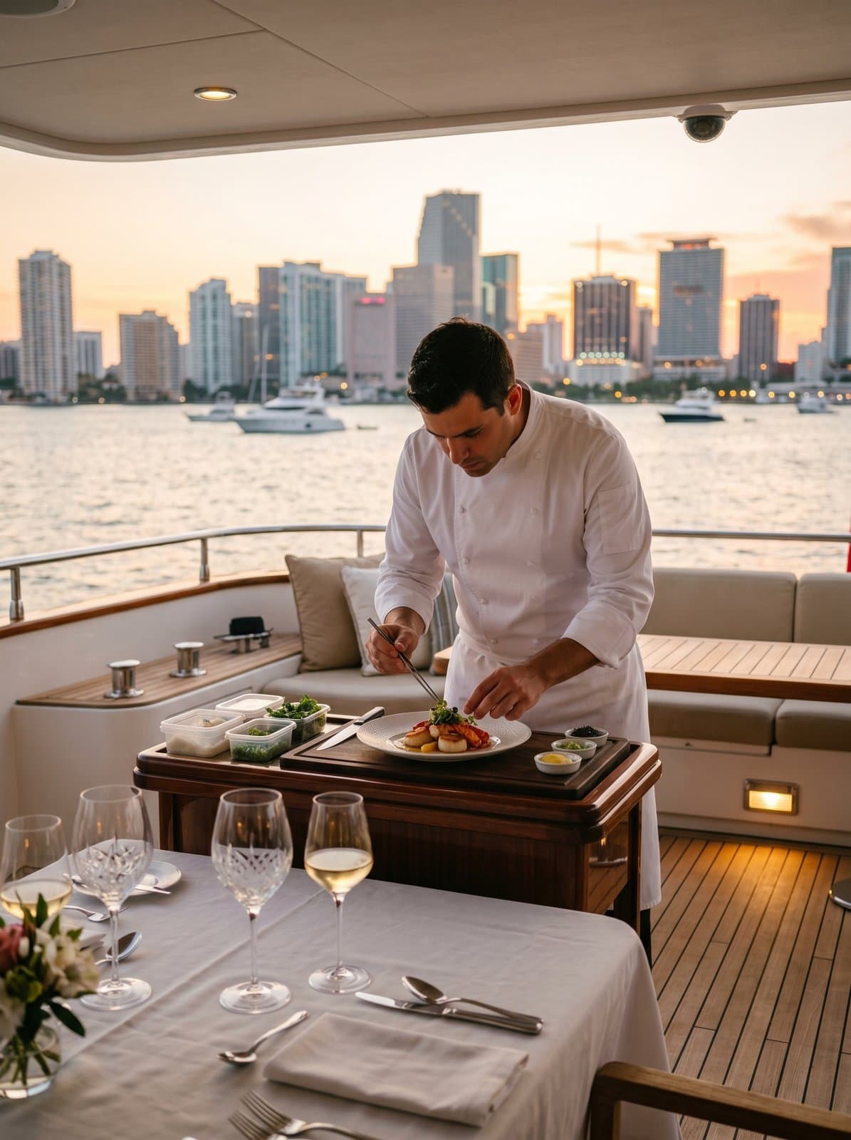 A chef plating a course on deck with the Miami skyline behind