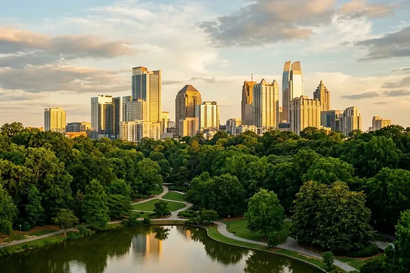 The Atlanta midtown skyline rising above the tree canopy at golden hour