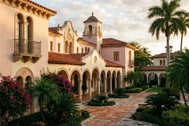 Mediterranean revival architecture with barrel tile roofs in Boca Raton