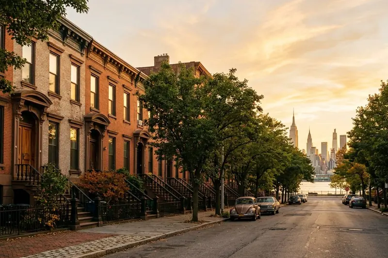 A Hoboken rowhouse street with the Manhattan skyline beyond