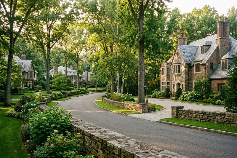 Large homes among mature trees in Short Hills, New Jersey
