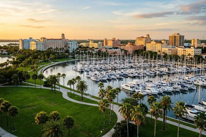 The St. Petersburg waterfront marina and pastel downtown at golden hour