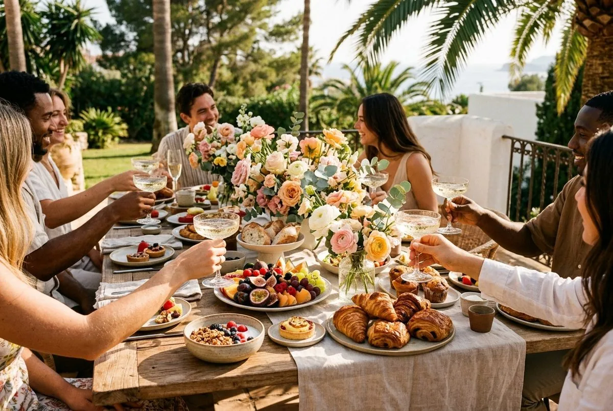 A celebratory brunch spread on a terrace table for a group