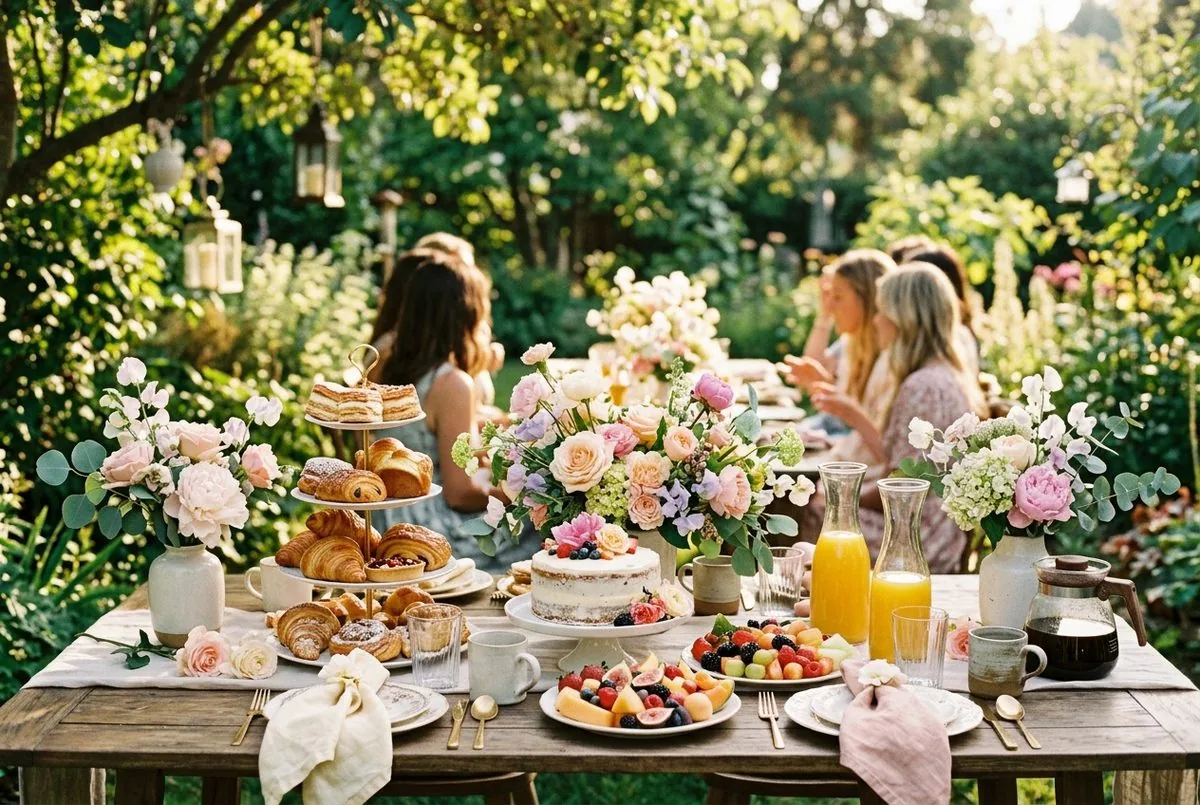 A garden brunch table set for a bridal shower with pastries and flowers